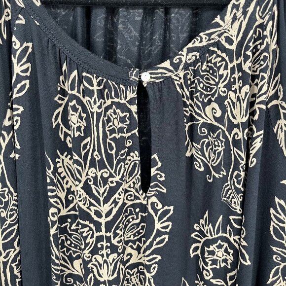 Lucky Brand Boho Tunic Top Blouse Size 3X Black Tan Paisley Print Stretch EUC - Picture 2 of 11